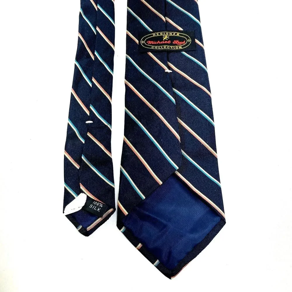 Michael Reed Tie Repp Stripe BLUE Designer Collection Vtg Y2K Academia Preppy